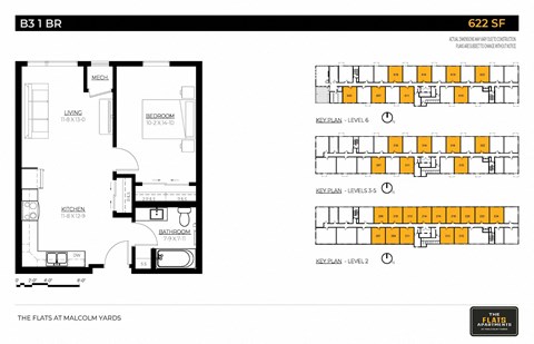 Floor plan for 1 bed, 1 bath, 622 sqft
